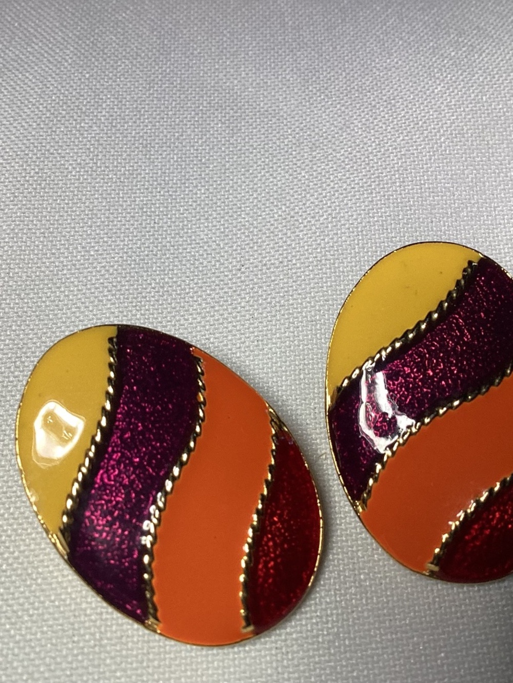 Vintage Geometric Enamel Oval Earrings ORANGES YELLOWS 1970 ish era